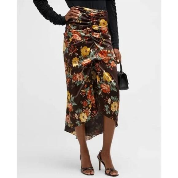 Veronica Beard Pixie Floral Ruched Silk Midi Skirt US 6 Brown Roses Cocktail - Picture 1 of 14